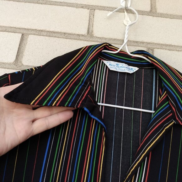 Vintage 70s Tunic Top 35" Bust Black Stripes Butterfly Collar Miss Fashionality - Picture 6 of 11